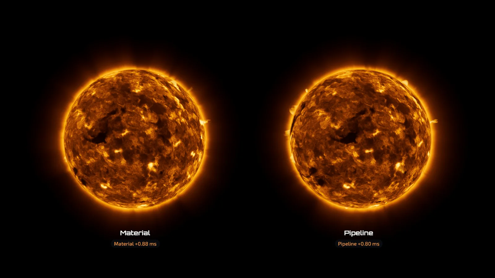The same star in material mode and in pipeline mode, with the GPU time of each